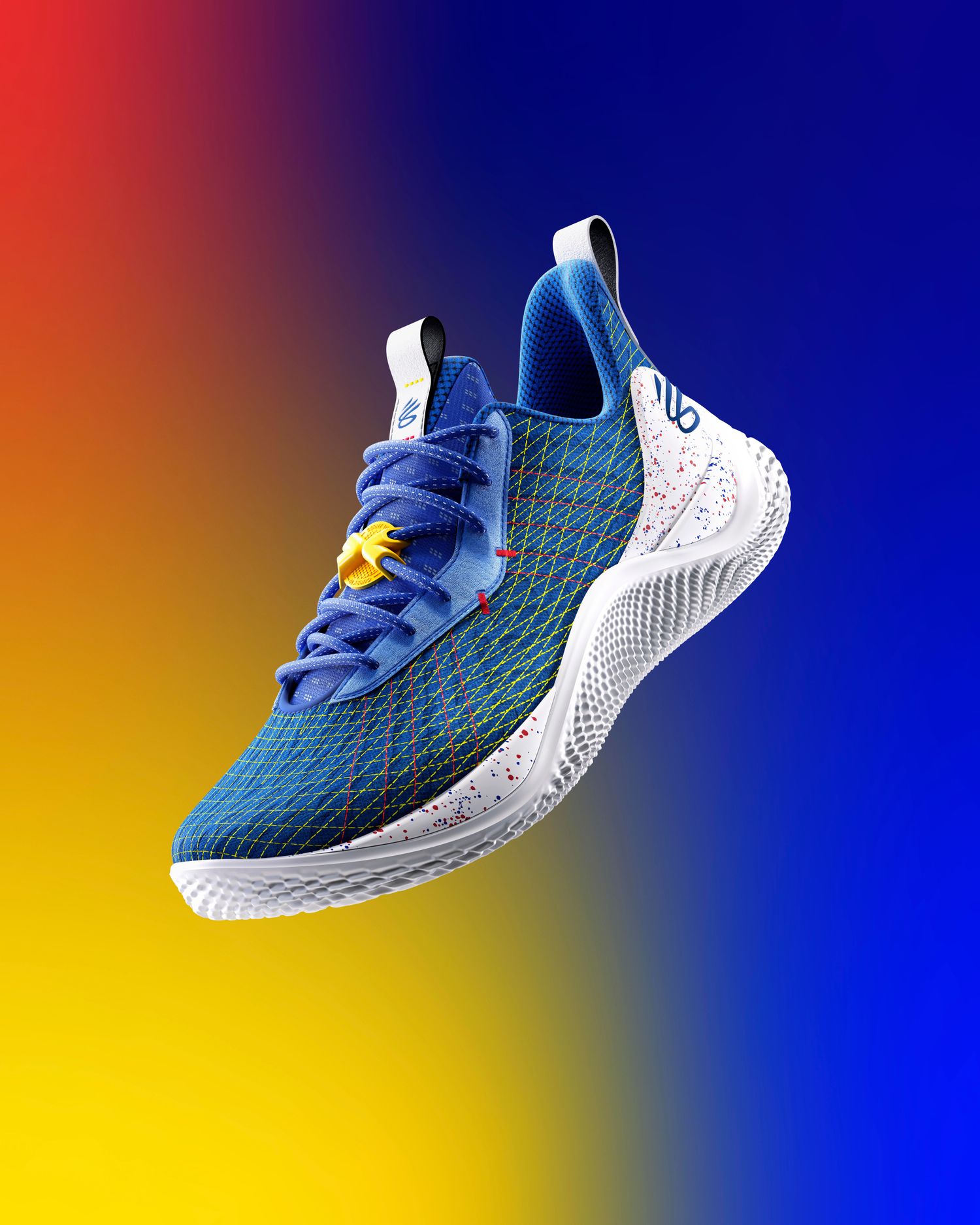 View of blue and white Curry shoe.